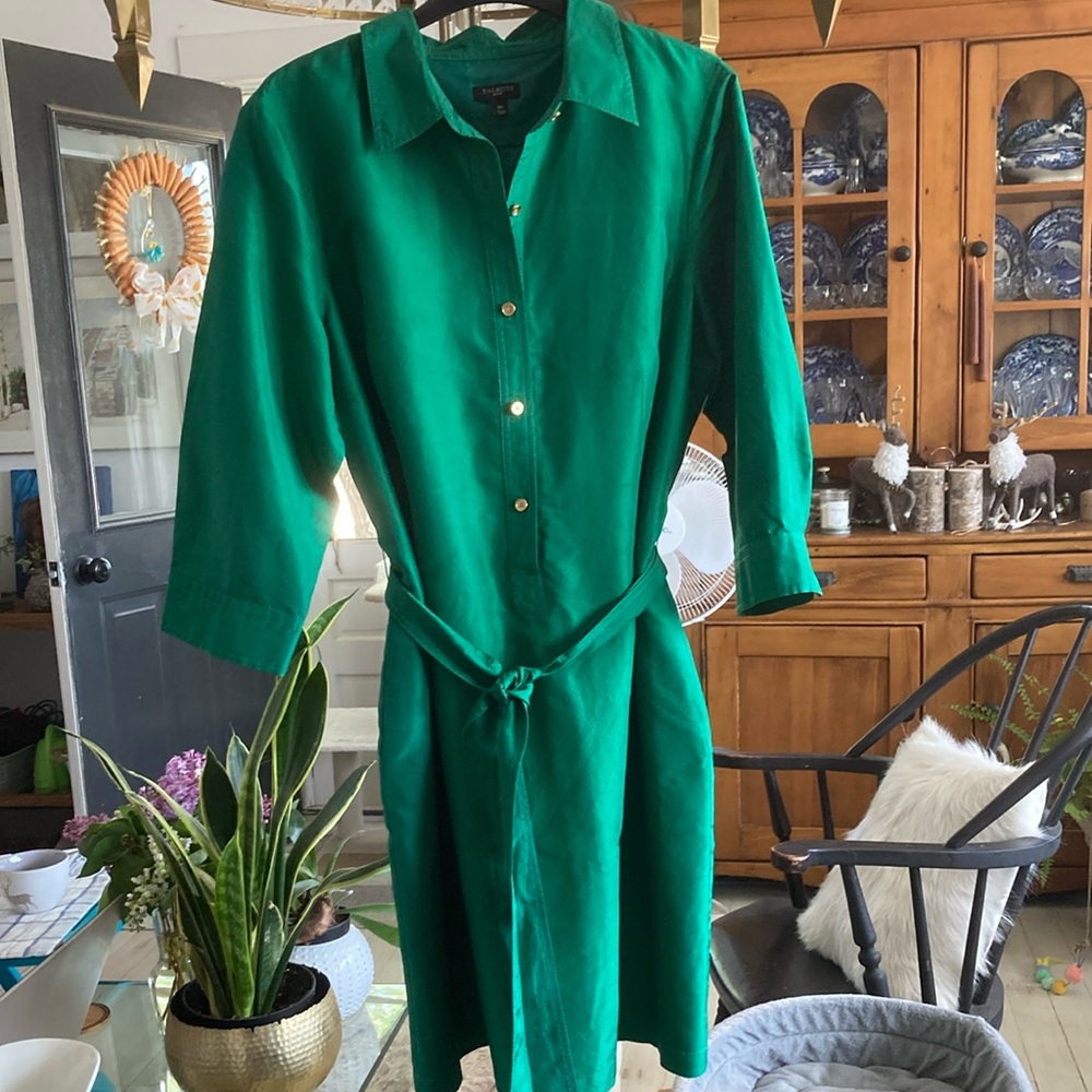 Talbots Emerald Green Silk Shirt Dress with Notched Collar